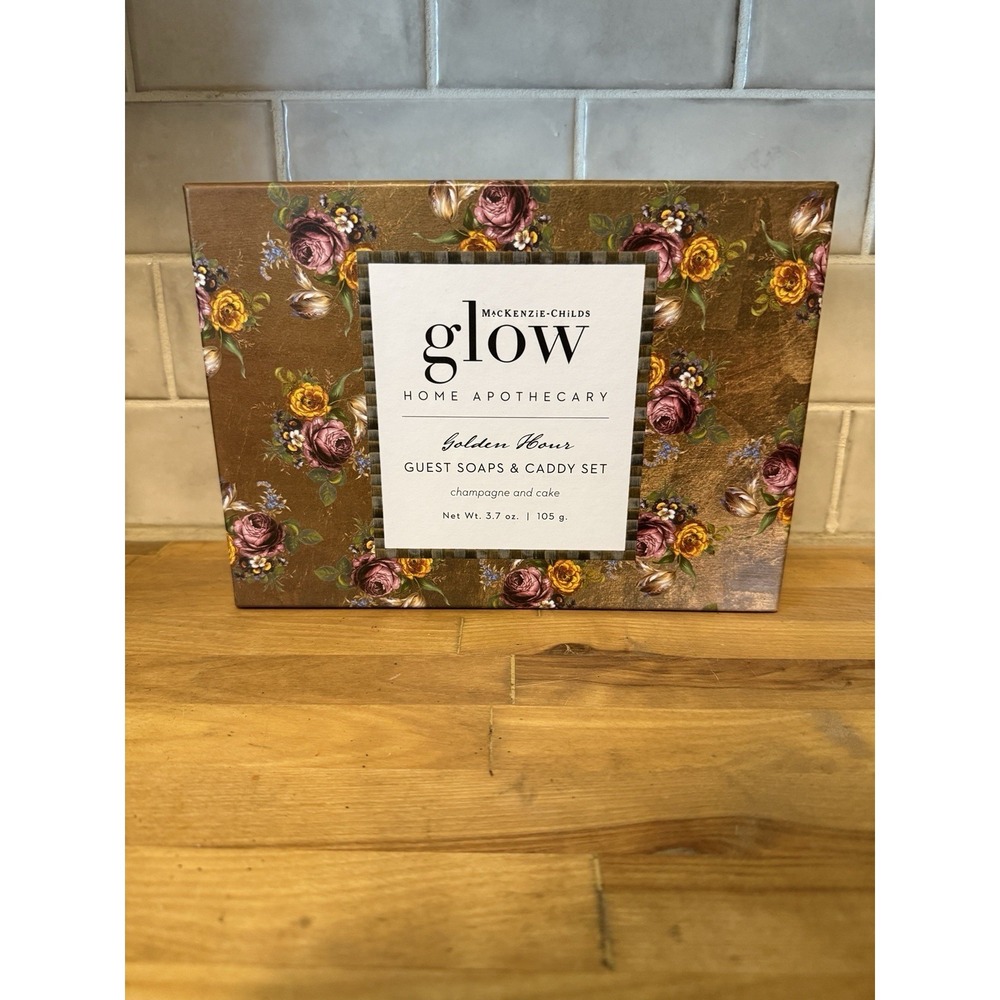 McKenzie Childs Golden Hour Roses Guest Soaps & Caddy Set Champagne & Cake Scent